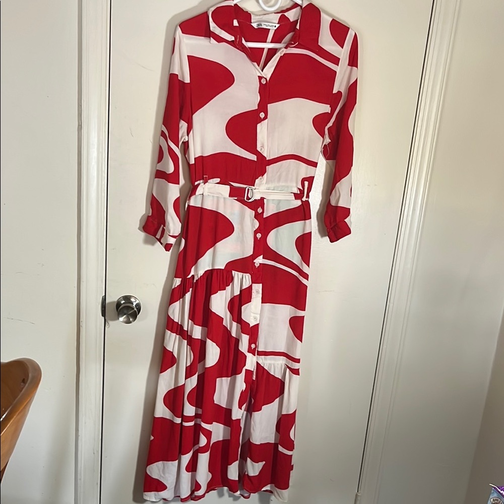 Red and White Long Sleeve Mandarin Collar Sundress